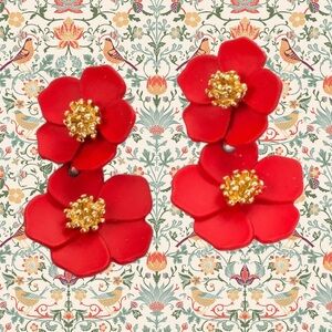 2 for $30 🔥 Red Matte double Flower Earrings with Gold Accent